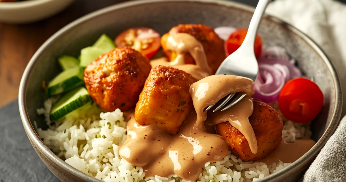 Bol gourmand de boulettes de poulet façon chawarma et riz parfumé