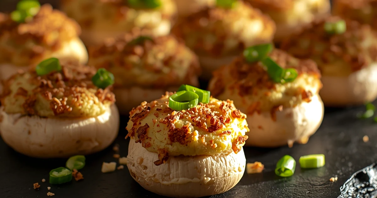 Champignons farcis au fromage fondant, piment doux et cébette dorés au four