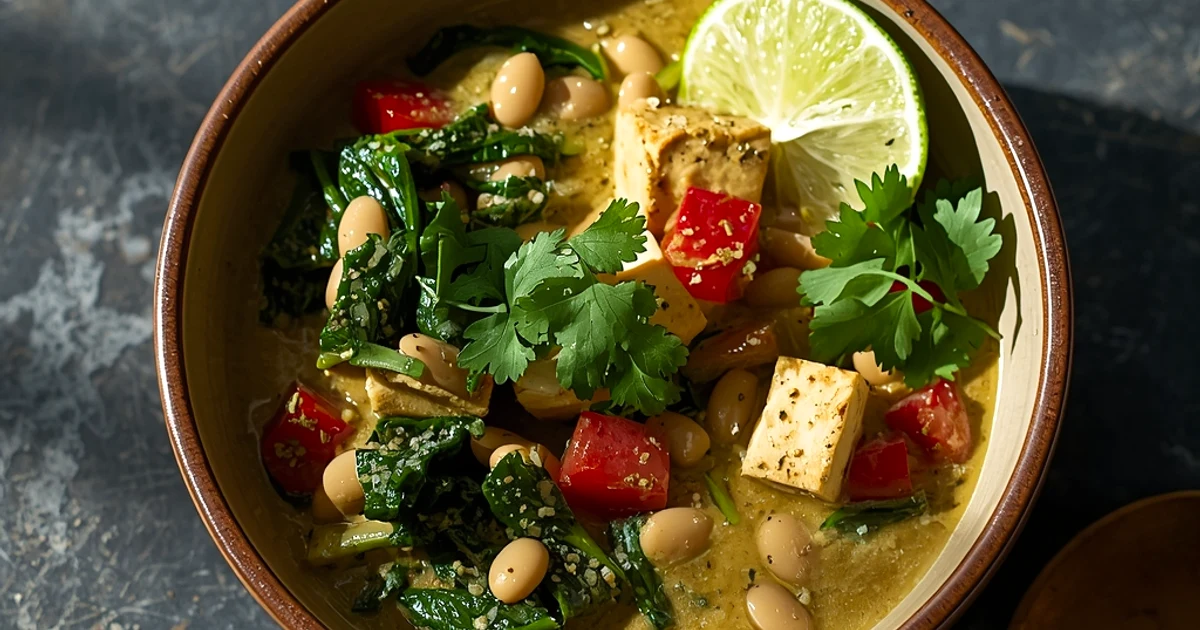 Curry vert crémeux aux haricots blancs, tofu et épinards au lait de coco