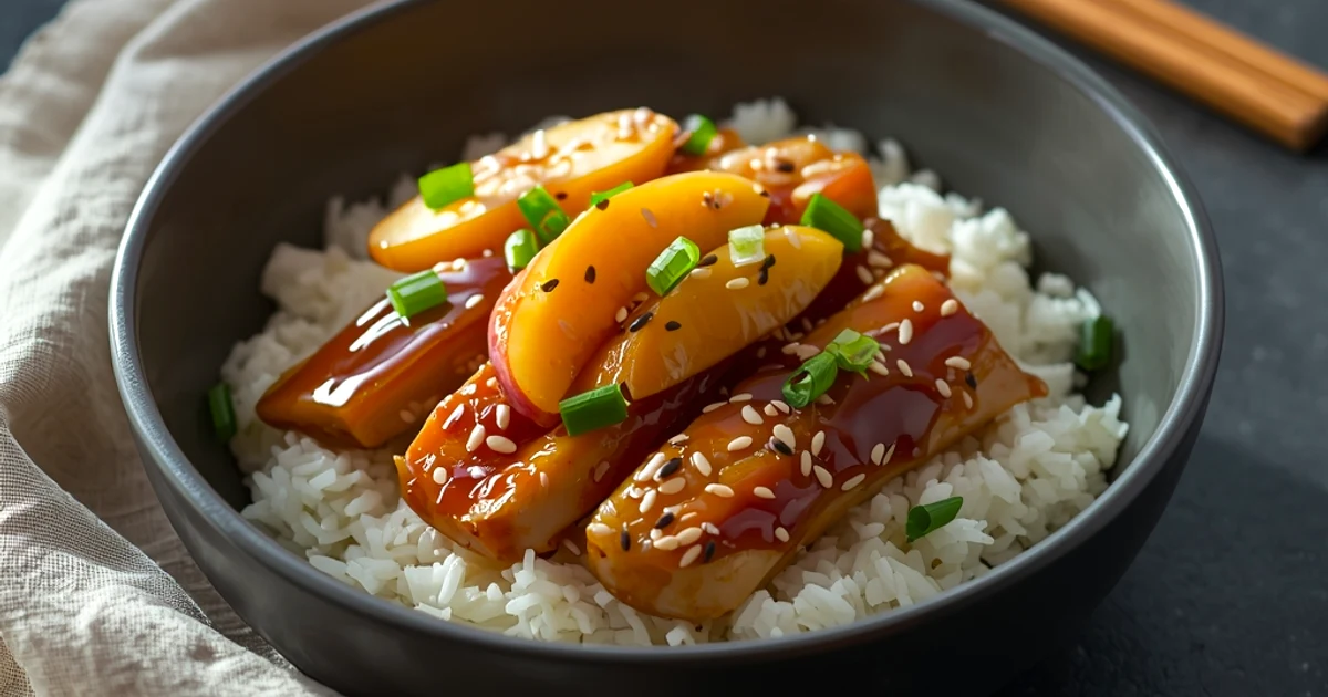 Poulet teriyaki poêlé aux pêches fraîches au gingembre et sauce au sésame
