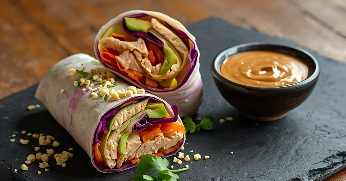 Rouleaux de galettes au poulet, légumes croquants et sauce crémeuse à la pâte d'arachide