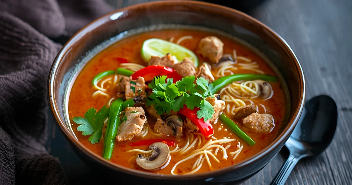 Soupe réconfortante de nouilles au poulet, coco et curry rouge