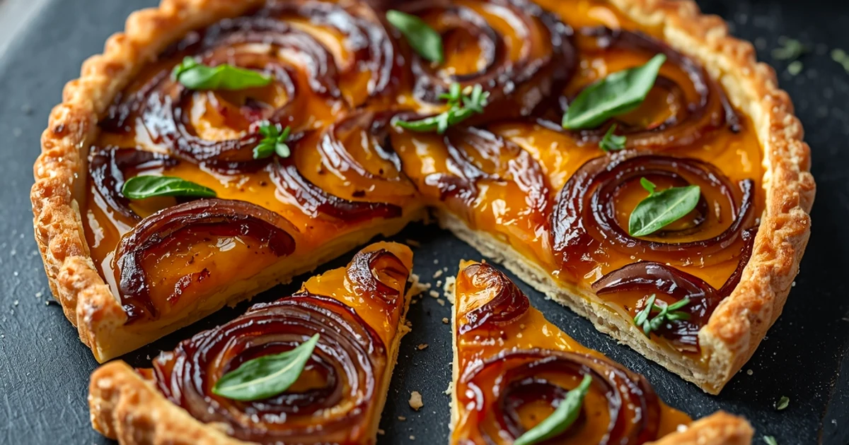 Tarte tatin à l'oignon rouge fondant, fromage de Gruyère et thym frais