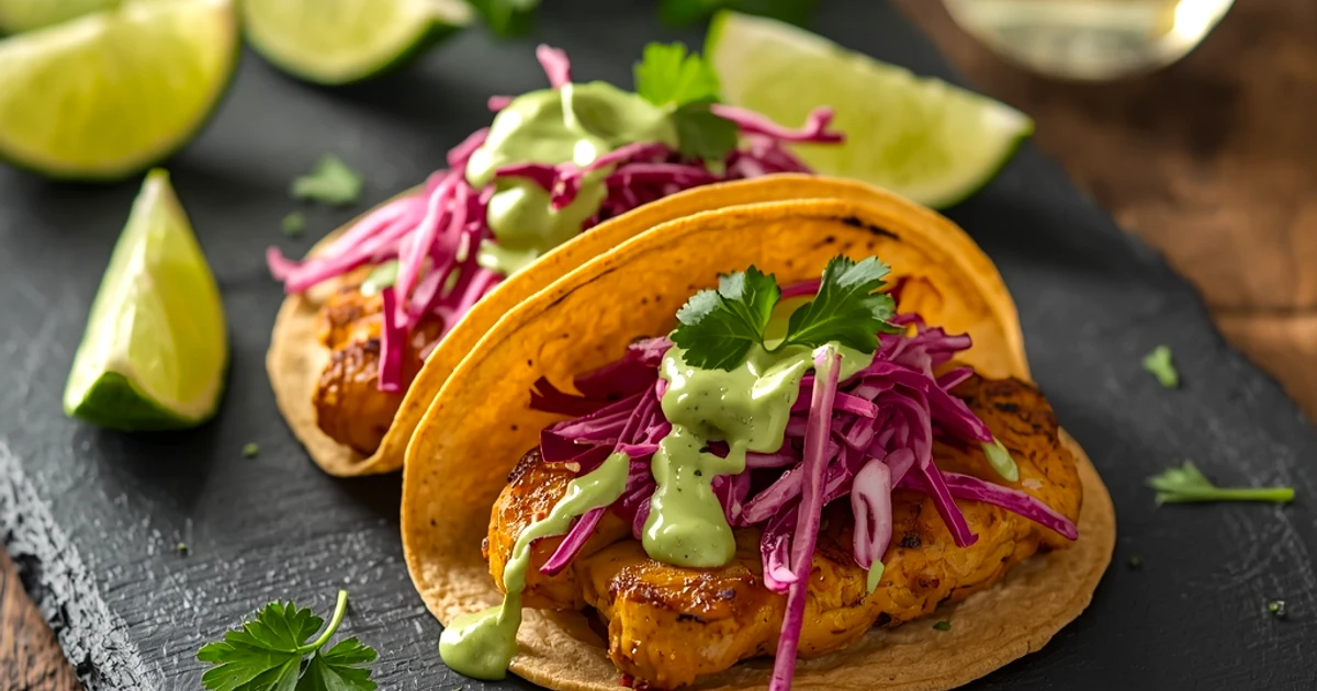 Tortillas écrasées au poulet croustillant, chou croquant au citron vert et sauce crémeuse